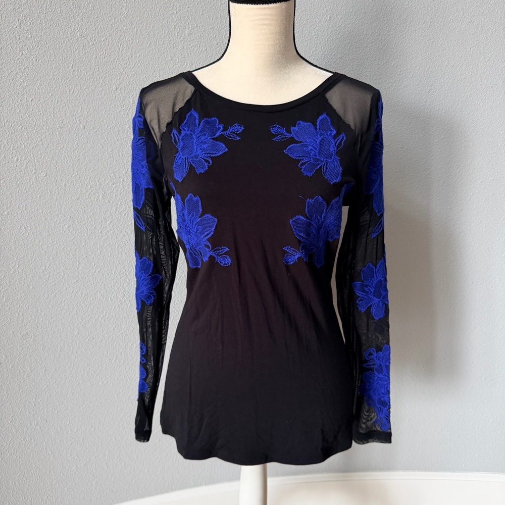 INC International Concepts Black Top with Blue Floral Accents